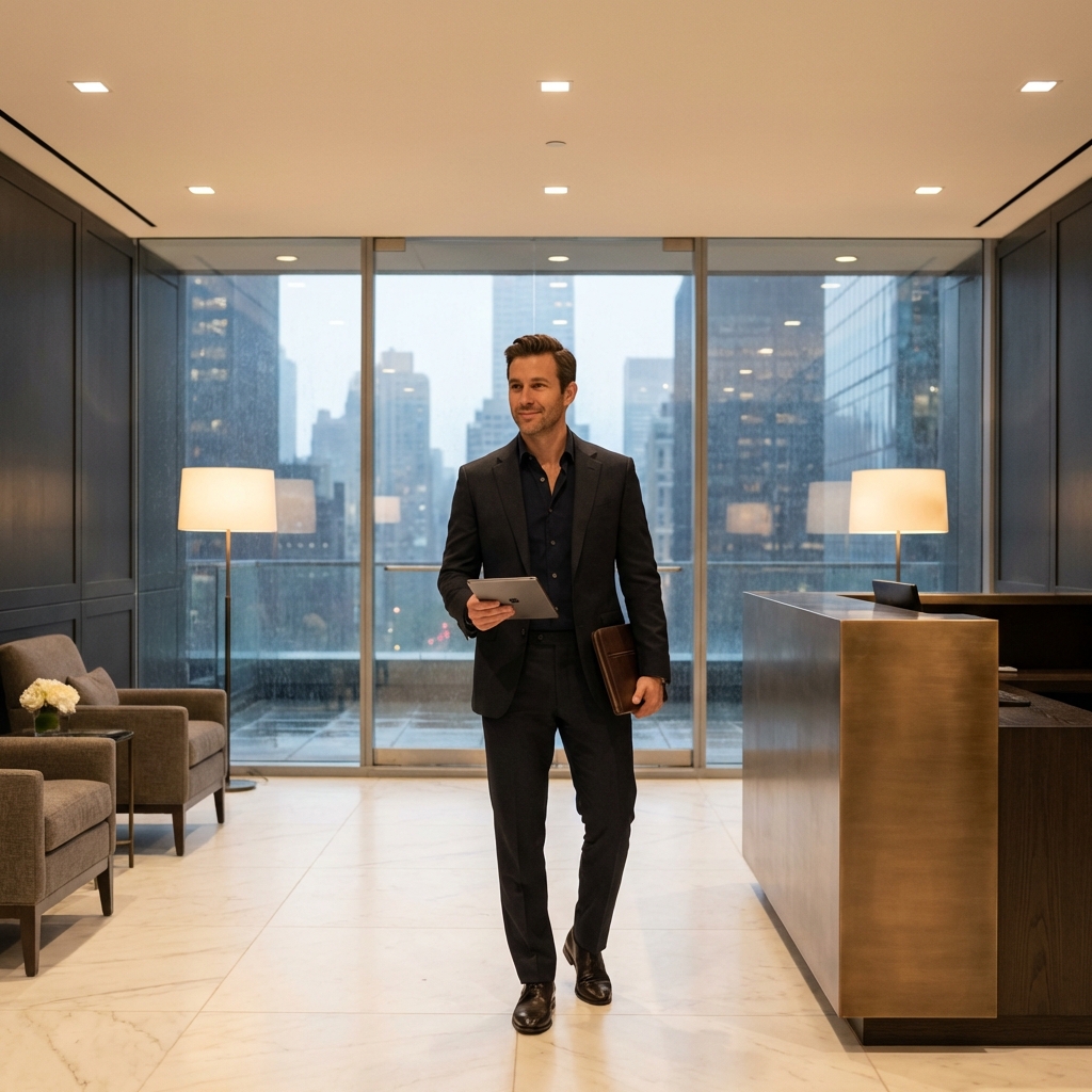 Confident man in modern NYC medical spa, representing non surgical male genital procedures NYC access and professionalism