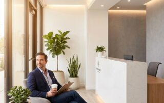Man relaxed in a modern medical office, representing a comfortable penile girth enhancement office procedure visit.
