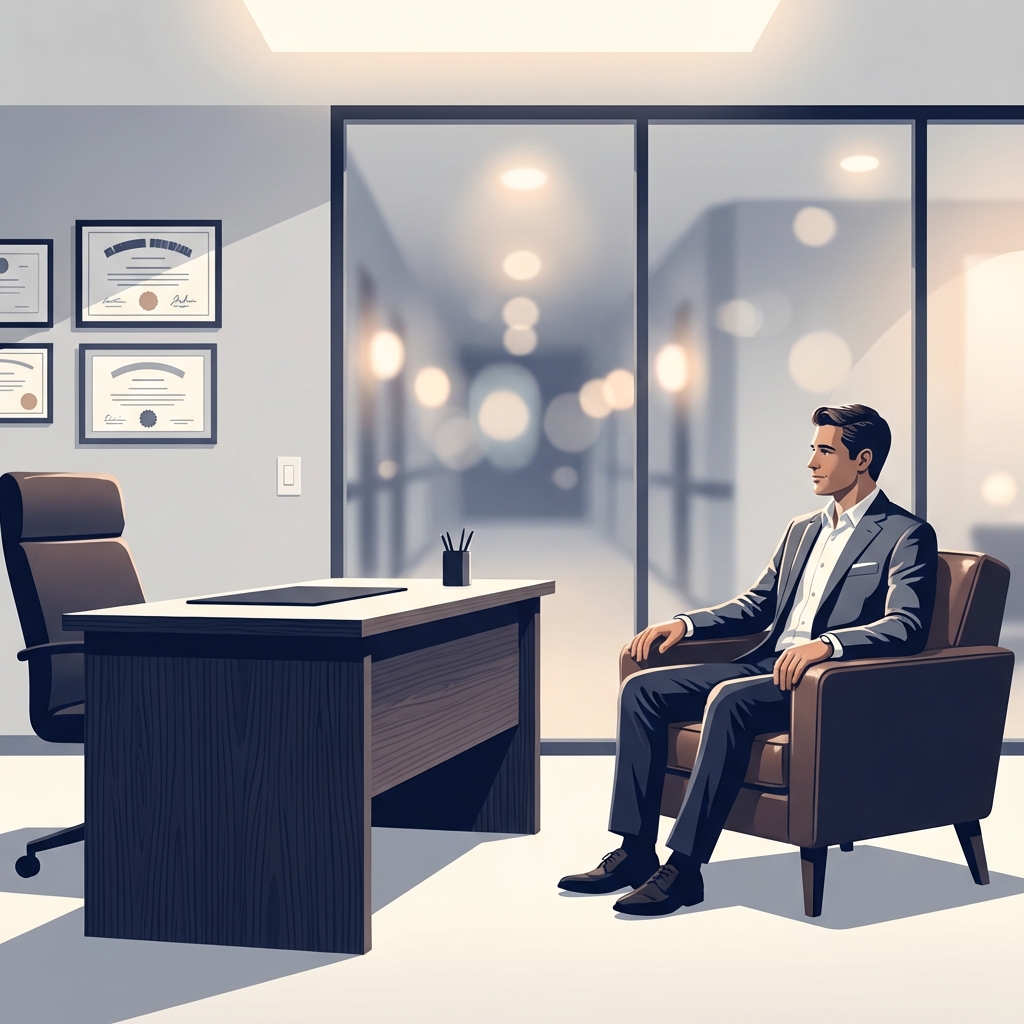 Modern private medical consultation room conveying penile filler procedure medical oversight and professional patient care