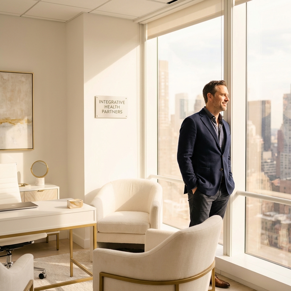 Confident man in modern NYC medical office representing penile enhancement realistic results timeline journey