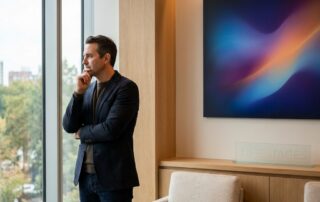Confident man reflecting in a modern medical consultation room, representing male genital enhancement age considerations across life stages.