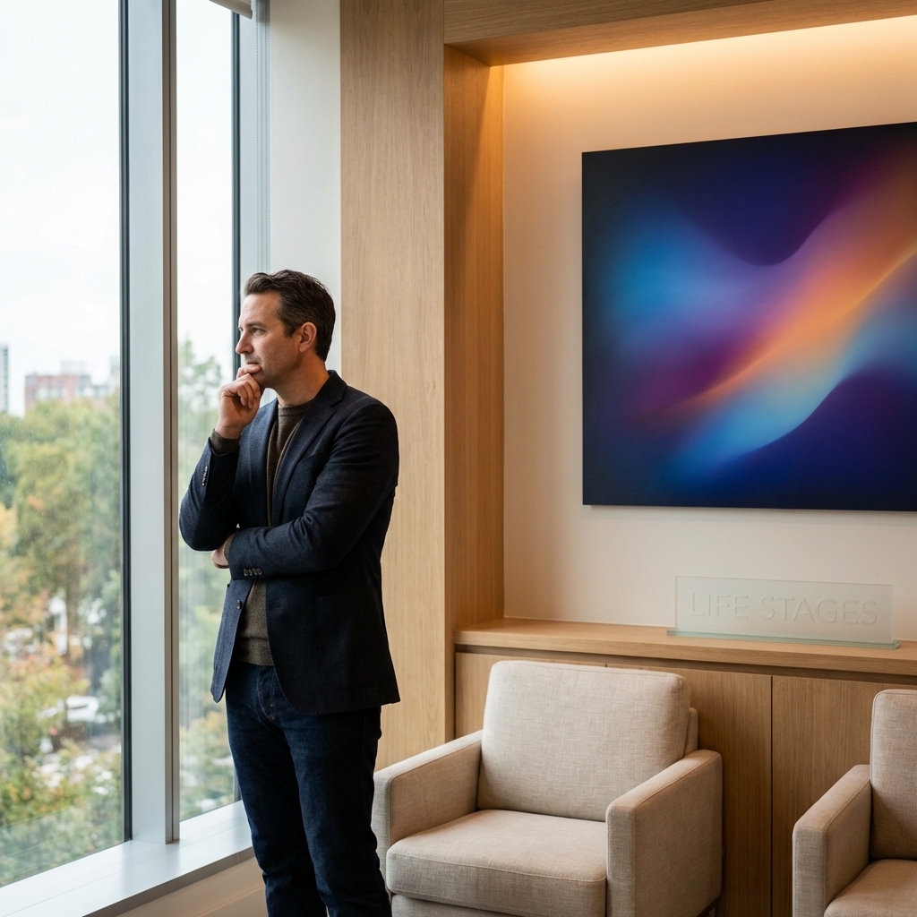 Confident man reflecting in a modern medical consultation room, representing male genital enhancement age considerations across life stages.