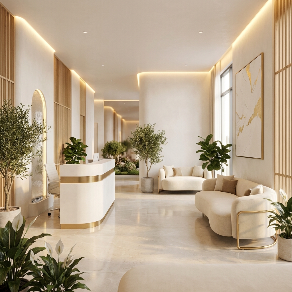 Calm, modern medical clinic interior representing comfortable penis enlargement procedure pain management protocols