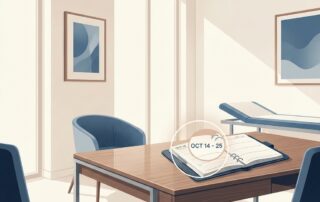 Modern medical consultation room with a calendar marking a recovery timeline for penis enlargement before sexual activity