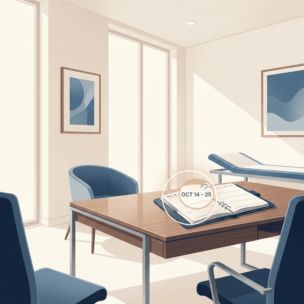 Modern medical consultation room with a calendar marking a recovery timeline for penis enlargement before sexual activity