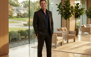 Confident man in modern Long Island medical office, representing discreet penile girth enhancement Long Island services.