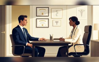 Man consulting with a board certified male enhancement physician in a professional, modern medical office setting.