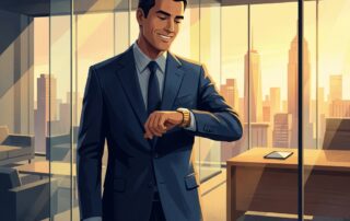 Confident professional man in suit checking watch in modern office, representing minimal penis filler procedure downtime