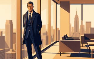 Confident man standing tall in modern office, representing male sexual confidence enhancement through psychological empowerment