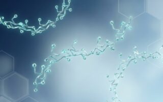 Molecular illustration of biocompatible penile filler materials showing hyaluronic acid polymer chains glowing in blue light