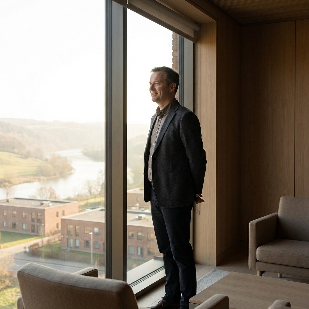 Confident man in modern Albany NY medical consultation suite, representing penis enlargement Albany NY services at Latham clinic.