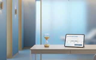 Modern medical consultation room with hourglass symbolizing realistic timeline for immediate penis enlargement results