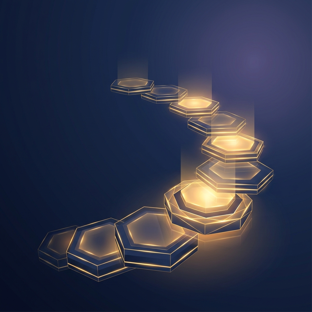 Glowing ascending steps illustration representing penile enhancement staged treatment benefits and incremental progression