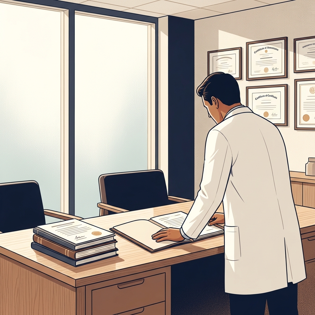 Medical office with physician credentials and certifications on display, representing penis enlargement physician training requirements
