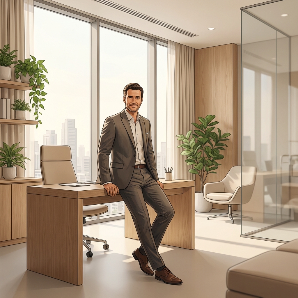 Confident man in modern medical consultation office representing positive penis girth enhancement patient testimonials outcomes