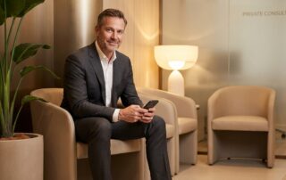 Confident man in modern medical consultation space, representing a calm male enhancement procedure scheduling process