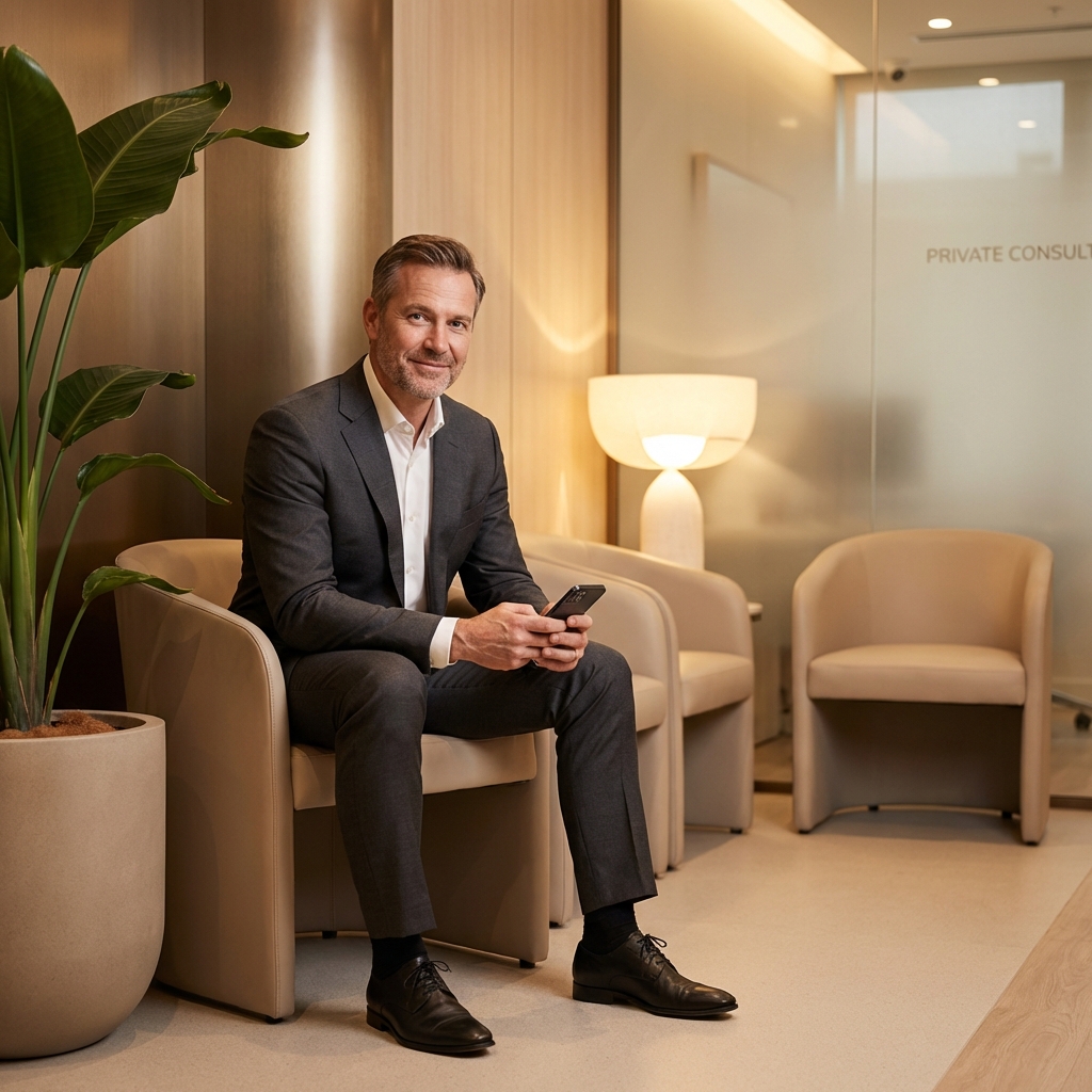 Confident man in modern medical consultation space, representing a calm male enhancement procedure scheduling process