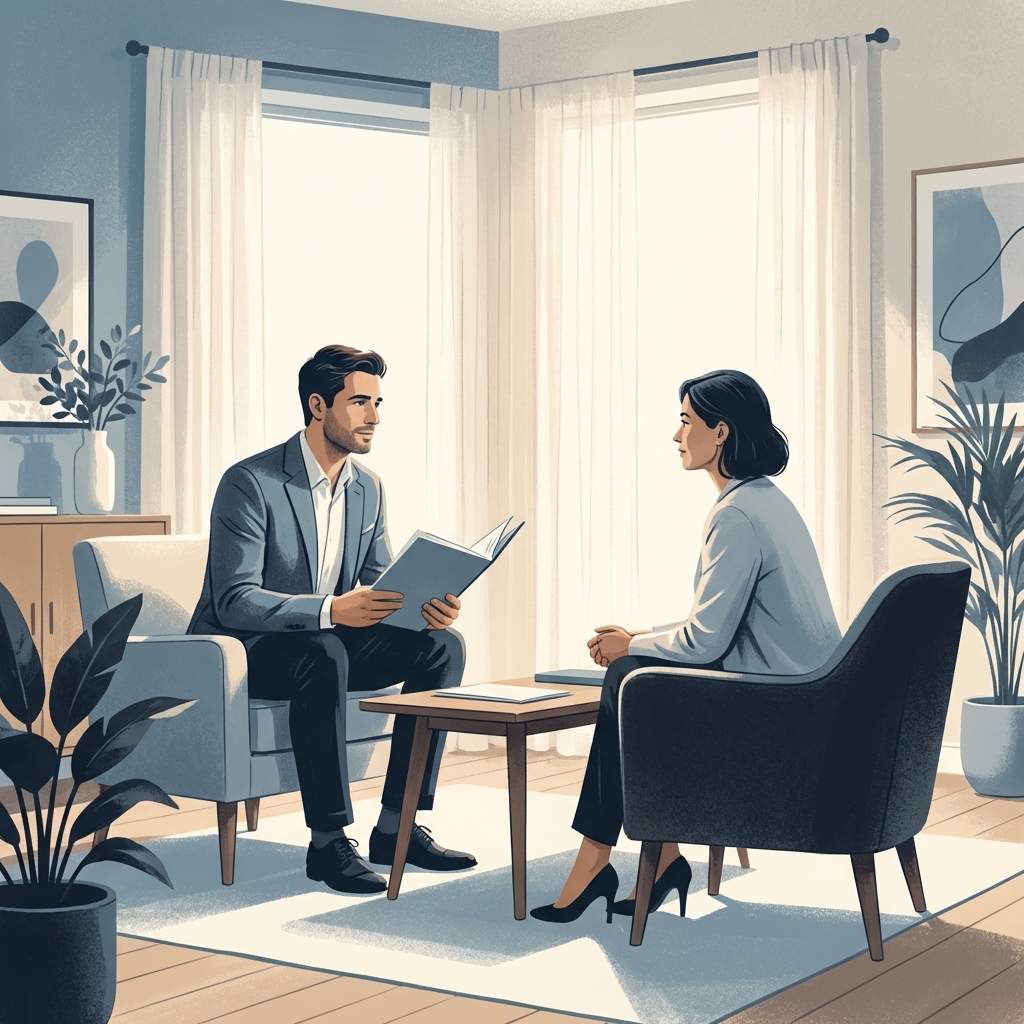 Prepared patient consulting with physician before penile girth enhancement procedure in modern medical office