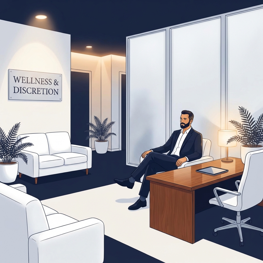 Man in modern medical consultation office preparing for same-day penis filler procedure appointment