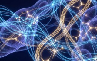 Molecular illustration of tissue integration showing collagen and hyaluronic acid networks merging naturally at a cellular level