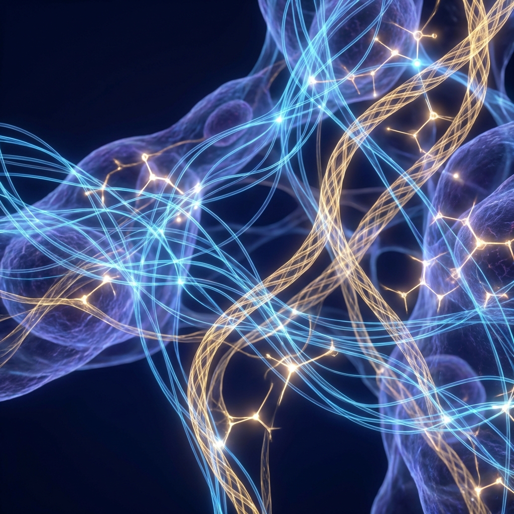 Molecular illustration of tissue integration showing collagen and hyaluronic acid networks merging naturally at a cellular level