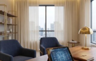 Modern clinical consultation setting with a structured zone assessment blueprint on a tablet, representing penile enhancement proportion assessment