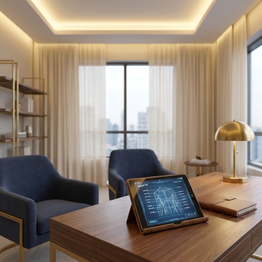 Modern clinical consultation setting with a structured zone assessment blueprint on a tablet, representing penile enhancement proportion assessment