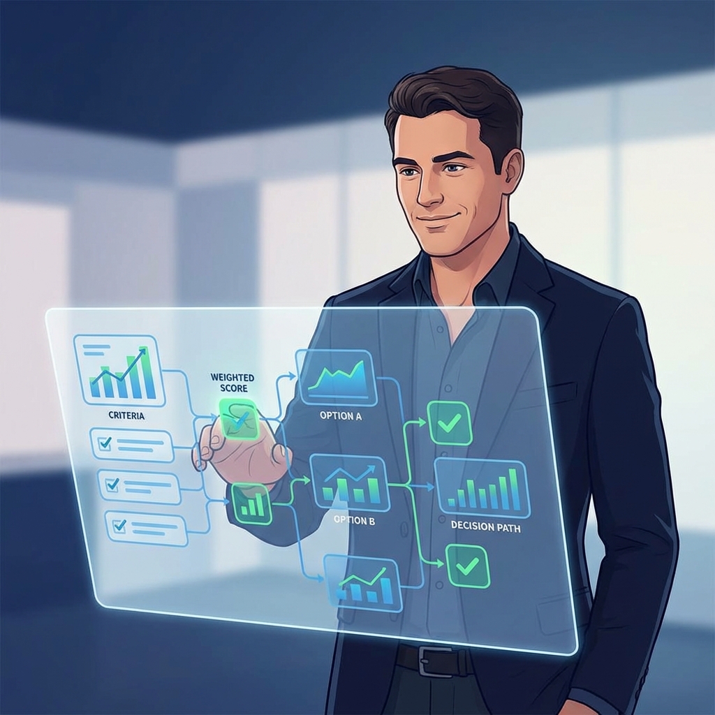 Man reviewing a penis enlargement treatment alternatives comparison decision matrix dashboard with weighted scoring data