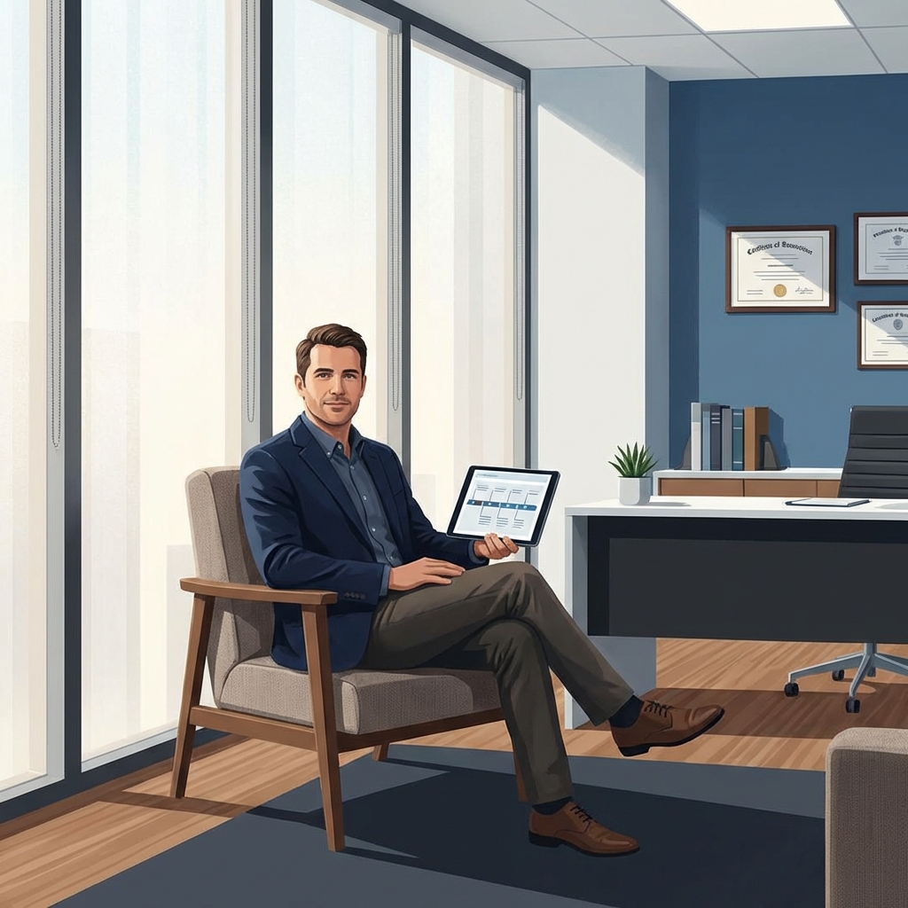 Man reviewing male enhancement procedure follow up care protocol in a modern medical consultation office