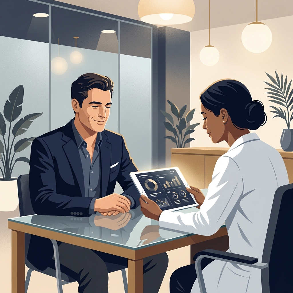 Man reviewing male enhancement procedure satisfaction predictors with a physician during a clinical consultation