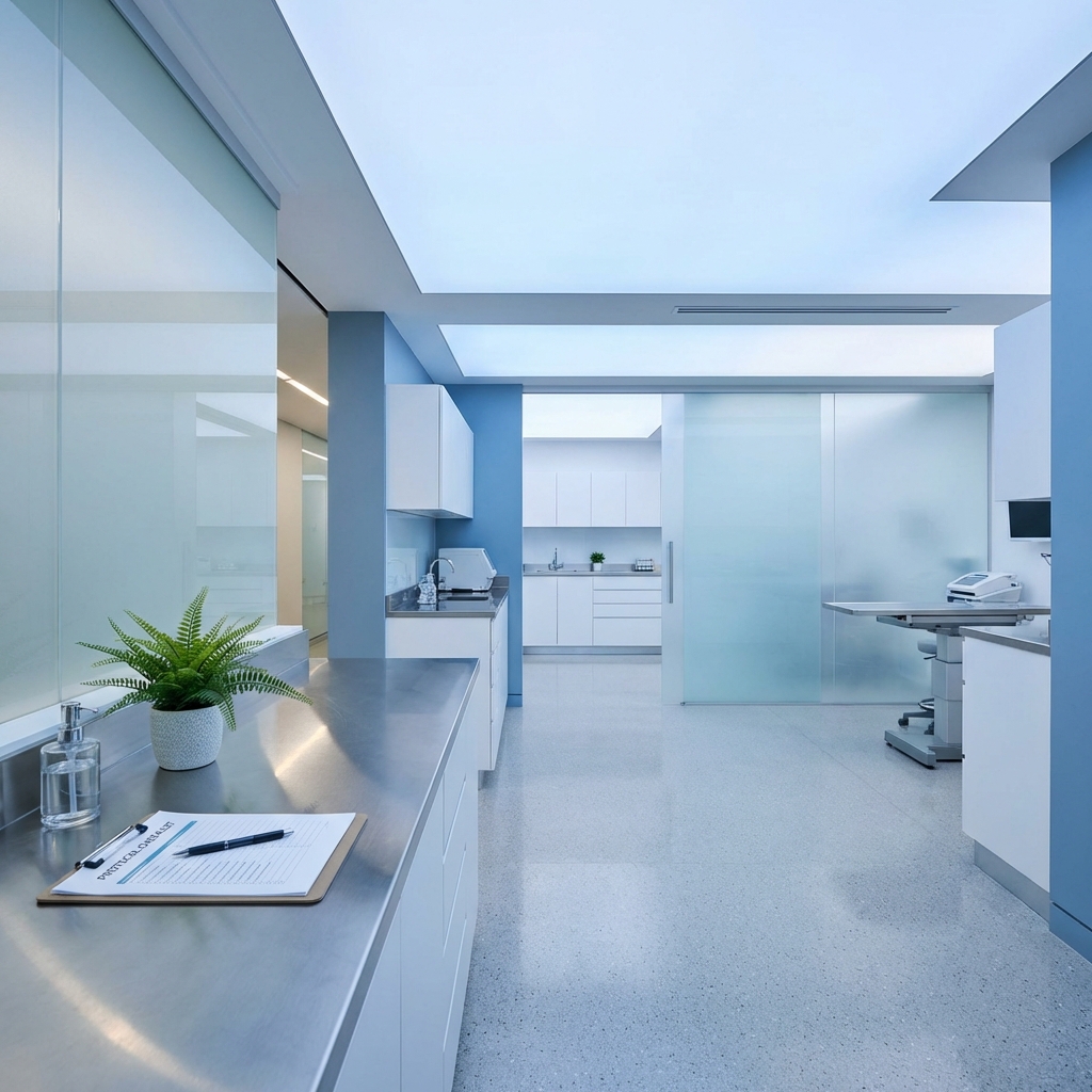 Pristine modern medical clinic interior representing rigorous infection prevention protocols for safe procedures