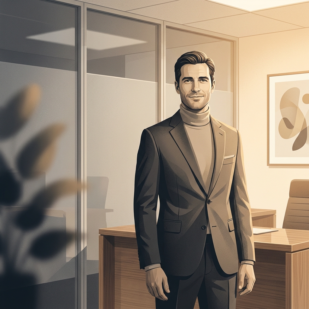 Confident man in a modern medical consultation room representing immediate penis enhancement results and long-term outcomes