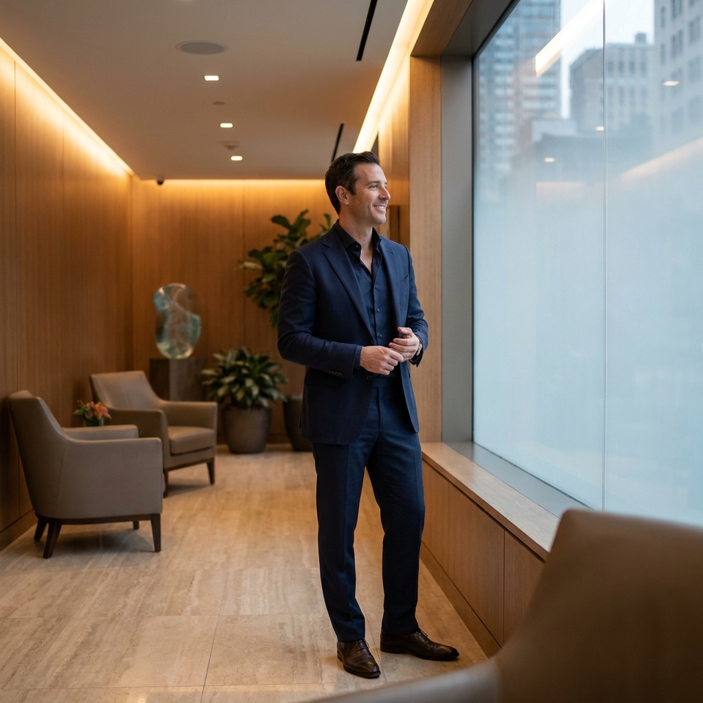 Confident man in a modern, private NYC medical office representing discreet male enhancement treatment in NYC