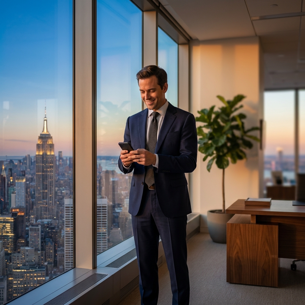 Confident professional man in modern NYC office, symbolizing minimal male enhancement procedure downtime