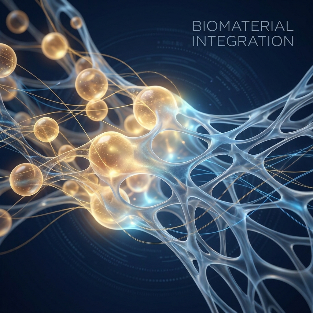 Abstract illustration of biomaterial molecular integration representing penile tissue augmentation science concepts