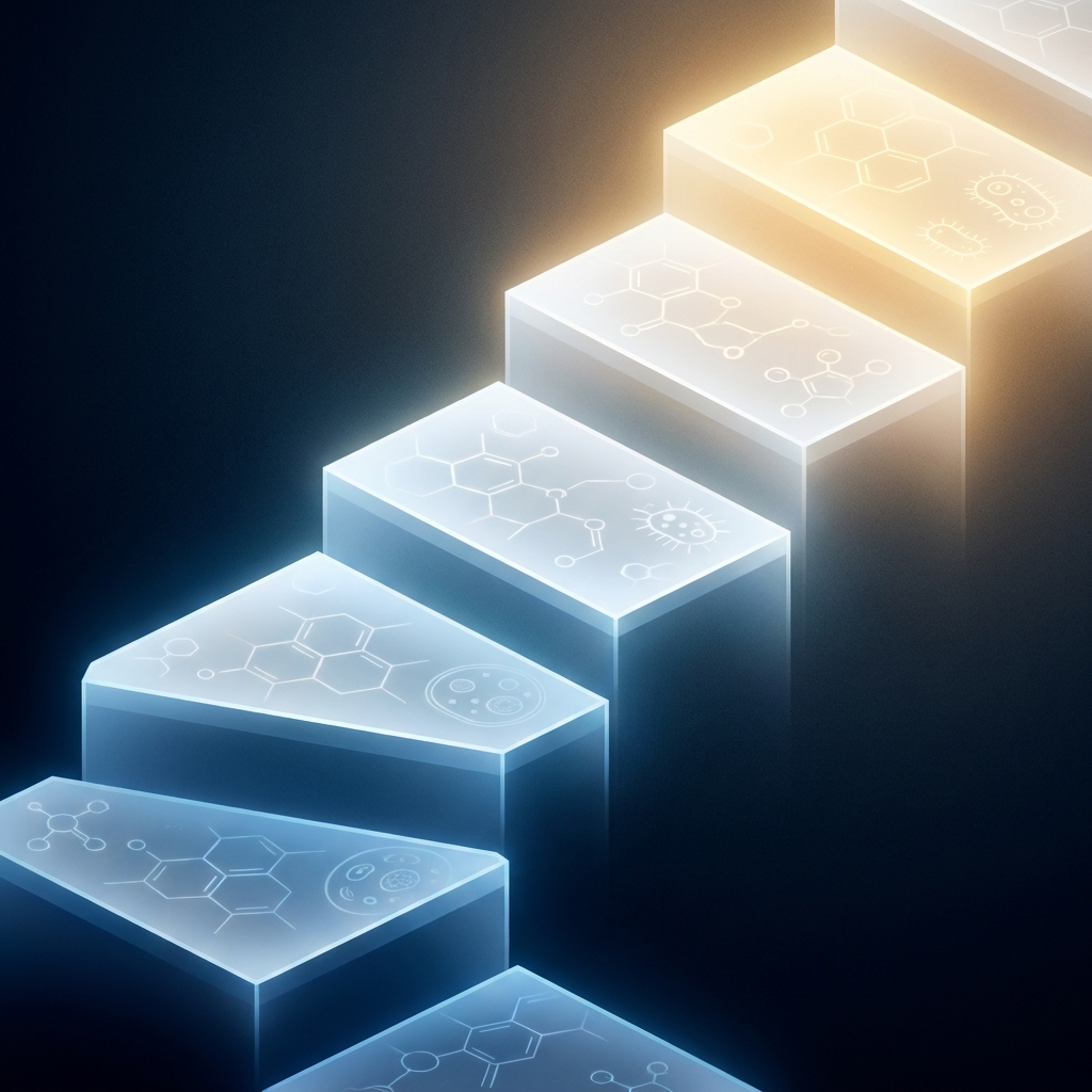 Glowing ascending staircase illustration representing staged penis enlargement treatment benefits and progressive clinical outcomes.