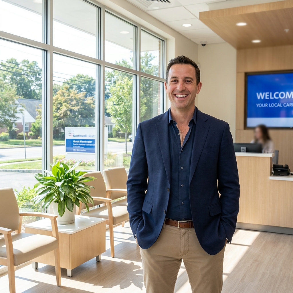 Confident man in modern Long Island clinic lobby representing accessible penis girth enhancement Long Island services