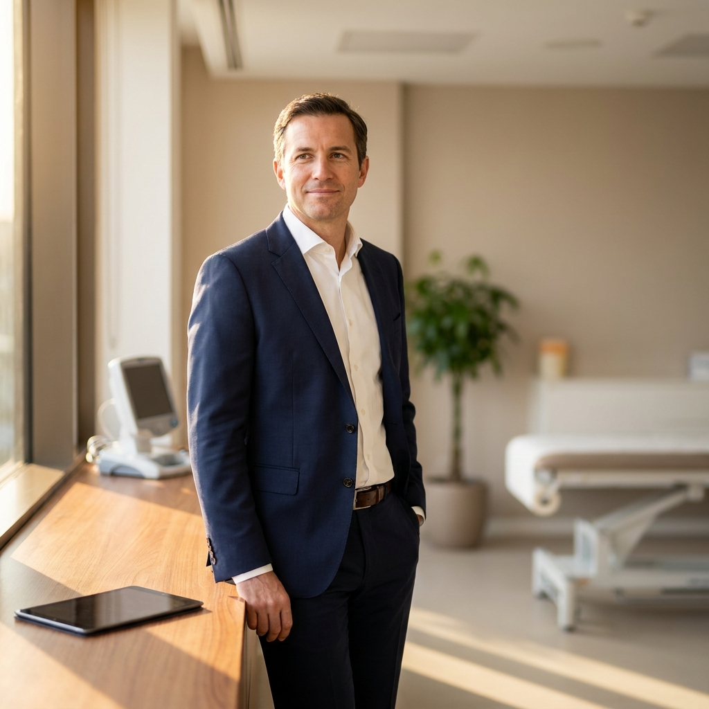 Confident man in modern medical office representing safe penis enlargement methods 2026 clinical standards