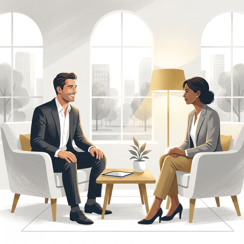 Man receiving guidance during a penis enhancement consultation free screening in a modern medical office