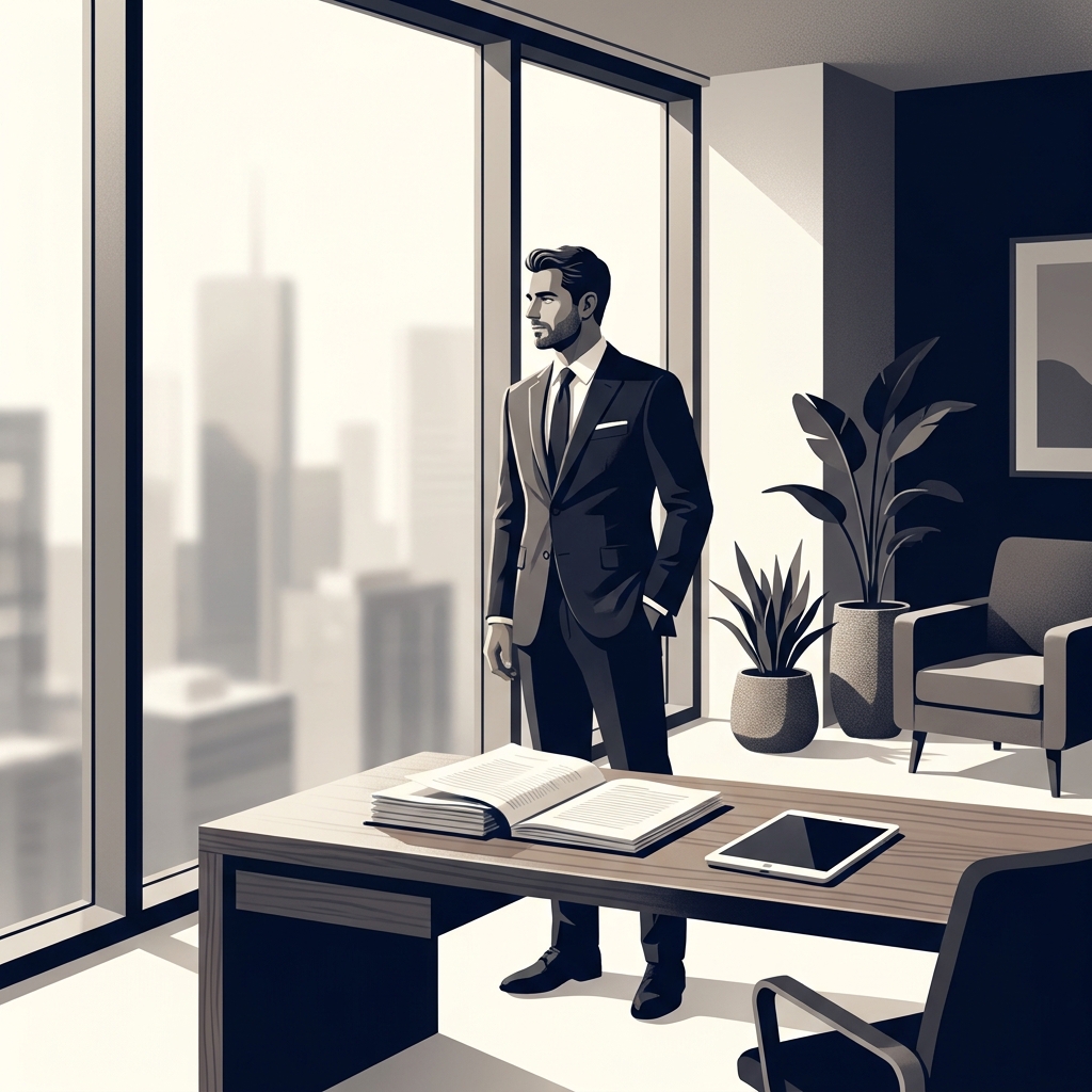 Confident man in modern medical consultation office representing informed decision-making about male genital cosmetic surgery alternatives