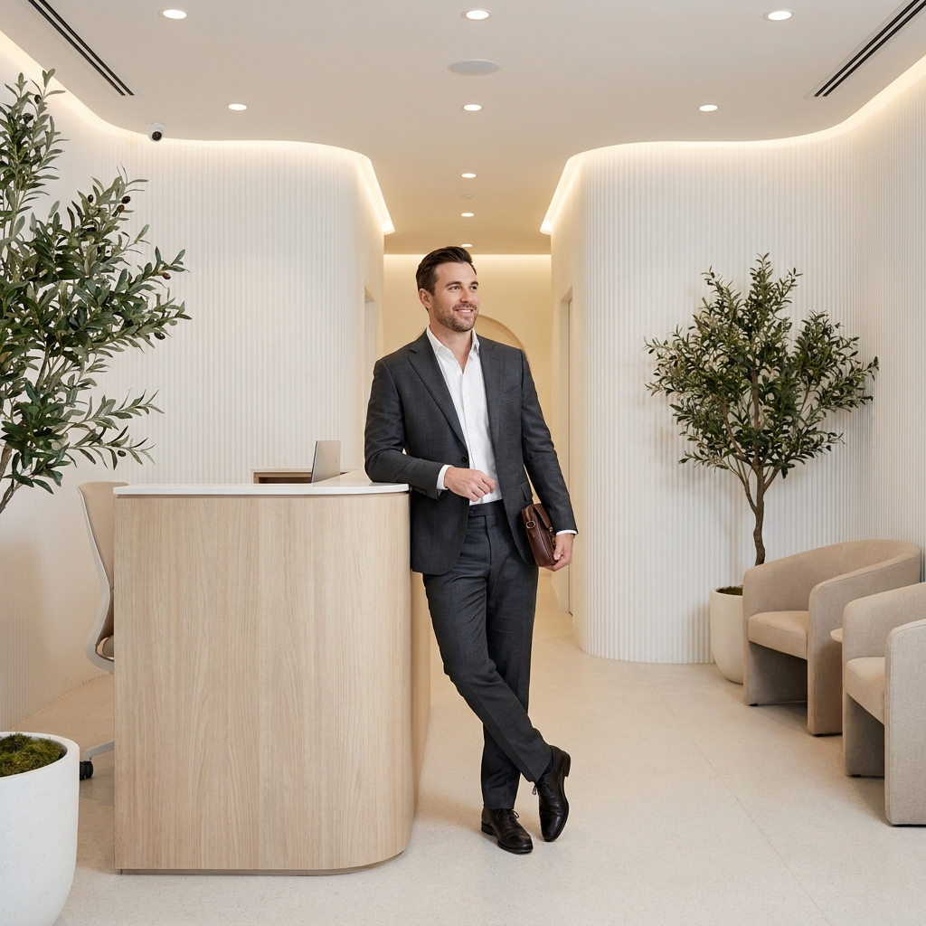Confident man in a modern clinic, representing preparation and confidence before a penis girth enhancement procedure