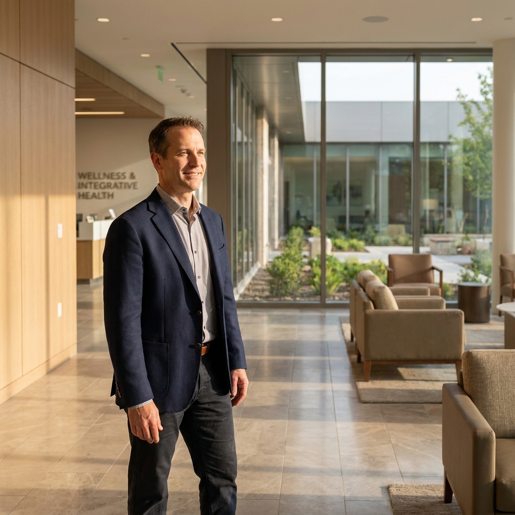 Confident man in a modern wellness clinic representing male sexual wellness enhancement procedures and informed healthcare choices