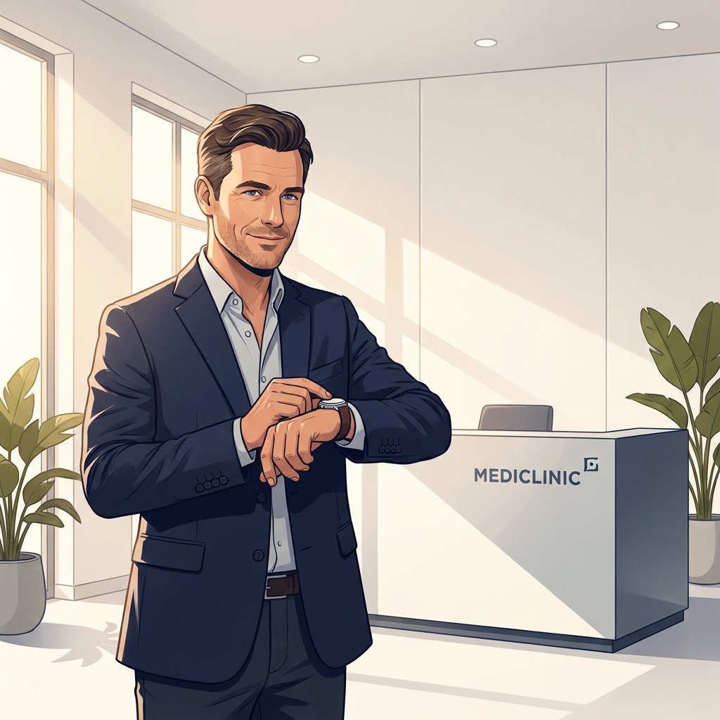Professional man in modern clinic lobby, representing a streamlined outpatient penis enhancement procedure same-day schedule.