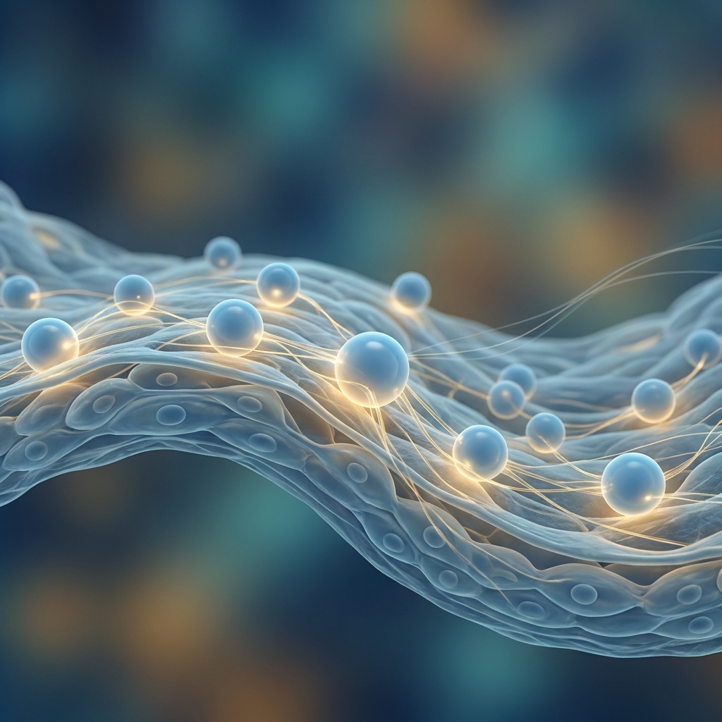 Abstract illustration of biocompatible filler options integrating harmoniously with tissue at a molecular level
