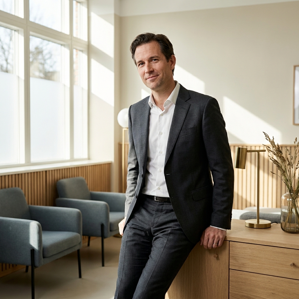 Confident man in modern medical consultation office representing penis girth increase without general anesthesia approach