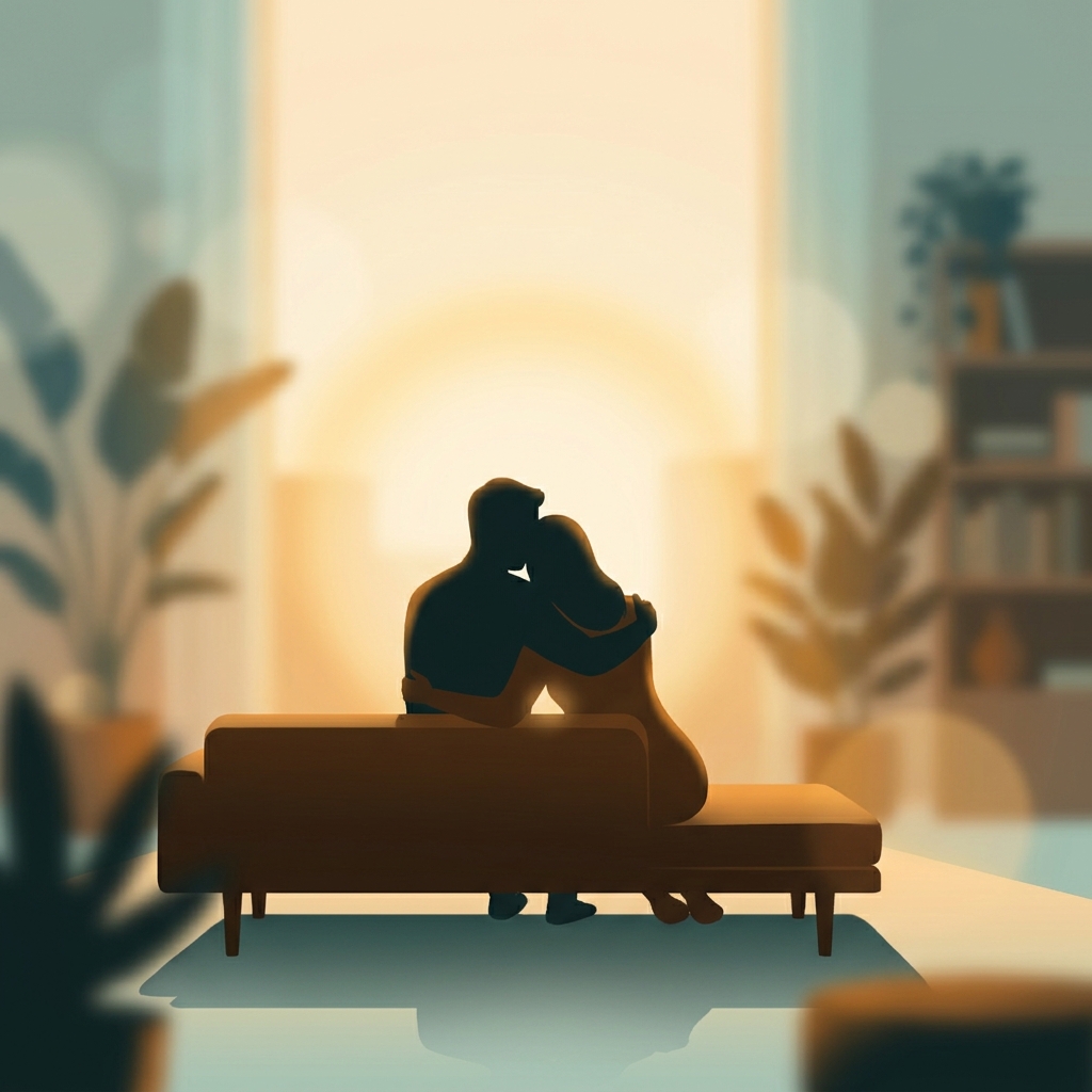 Couple sitting closely together in warm light, representing penile enhancement partner satisfaction and relationship confidence.