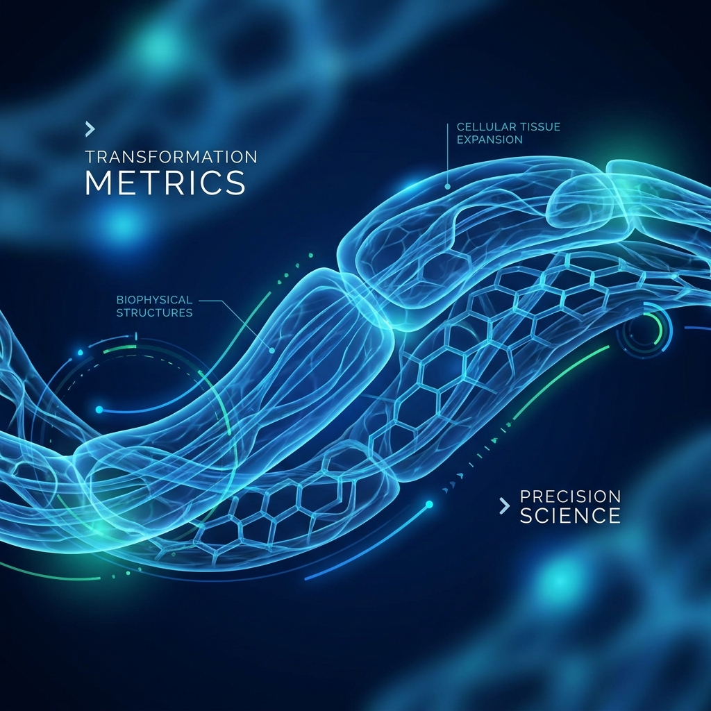 Abstract scientific illustration of cellular tissue expansion biophysics, representing penile tissue expansion methods at a microscopic level