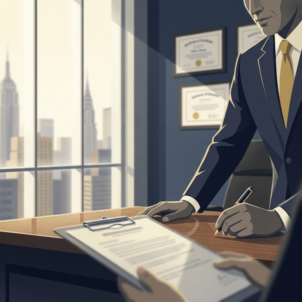 NYC doctor reviewing credential verification framework checklist in a professional medical consultation office