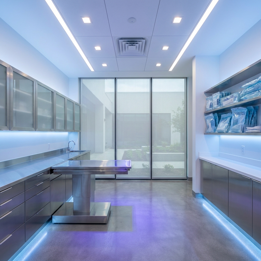 Pristine hospital-grade sterile medical clinic interior representing penile enhancement hospital grade sterility standards