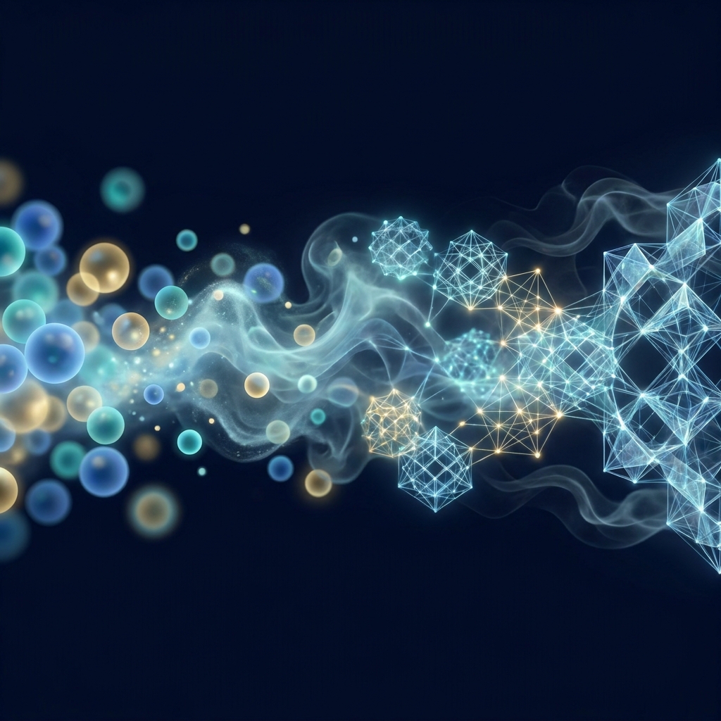 Abstract illustration representing penis filler erosion and longevity through dissolving and integrating molecular particles over time.